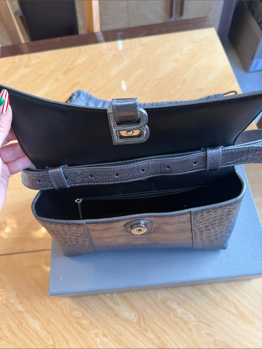 Balenciaga dark metallic Croc-Embossed Leather bag